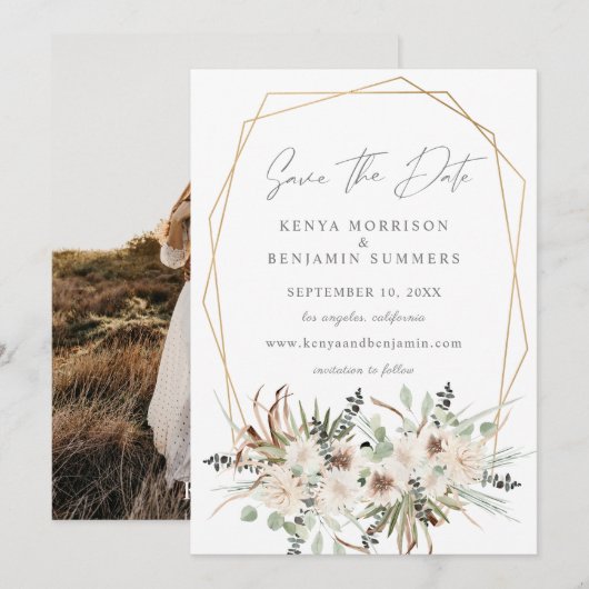 Boho Eucalyptus & Beige Floral Save the Date Photo Kaart (Voorkant / Achterkant)