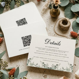 Boho Eucalyptus Bladeren met QR-code Huwelijksdeta Notitiekaartje
