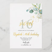 Boho Eucalyptus Bladeren Sweet 16 Folie Uitnodigin Uitnodiging (Voorkant)