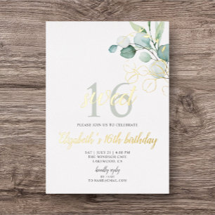 Boho Eucalyptus Bladeren Sweet 16 Folie Uitnodigin Uitnodiging