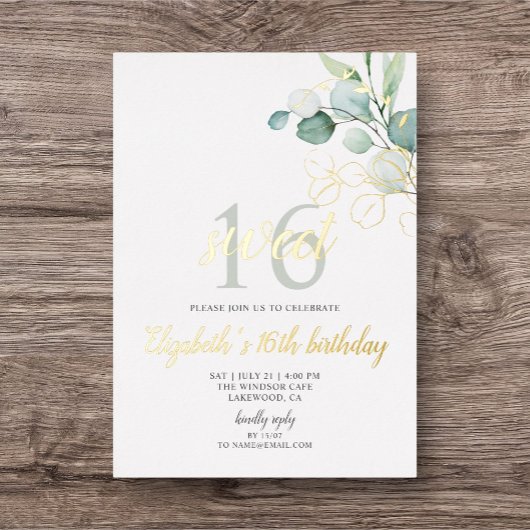 Boho Eucalyptus Bladeren Sweet 16 Folie Uitnodigin Uitnodiging