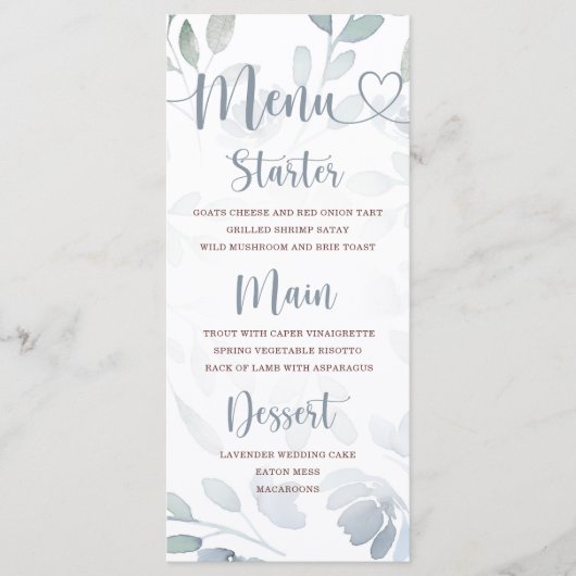 Boho Eucalyptus Blauw Bruiloft Menu (Voorkant)