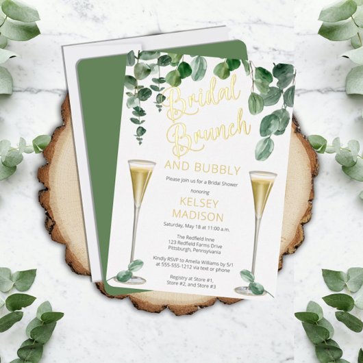 Boho Eucalyptus Champagne Bridal Brunch en Bubble Folie Uitnodiging