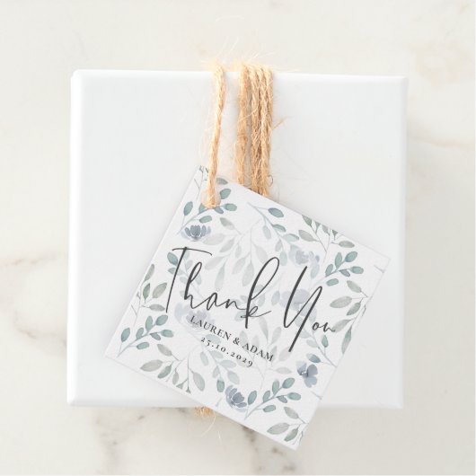 Boho Eucalyptus Chic Dusty Blue Pattern Wedding Bedankjes Labels (In situ)