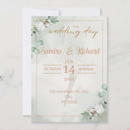 Boho Eucalyptus & Cotton Wedding Invitation Kaart (Voorkant)