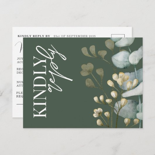 Boho Eucalyptus Dark Green & White RSVP Invitation Uitnodiging Briefkaart (Voorkant / Achterkant)