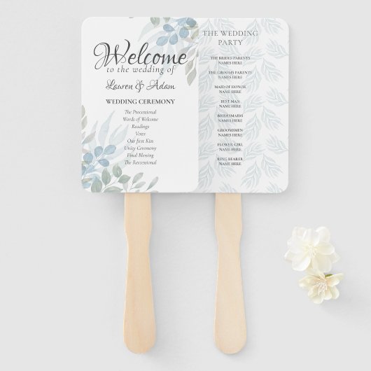 Boho Eucalyptus Dusty Blue Wedding Programme Handwaaier (Voorkant en achterkant)