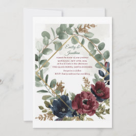 Boho Eucalyptus en Donkerrode Bloemen Trouw Uitnod Kaart