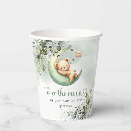 Boho eucalyptus gebladerte teddybeer over de maan papieren bekers (Achterkant)