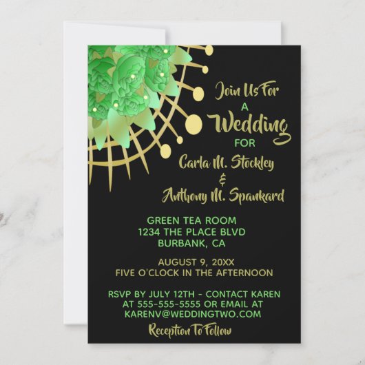 Boho Eucalyptus Greenery Black & Gold Wedding Kaart (Voorkant)