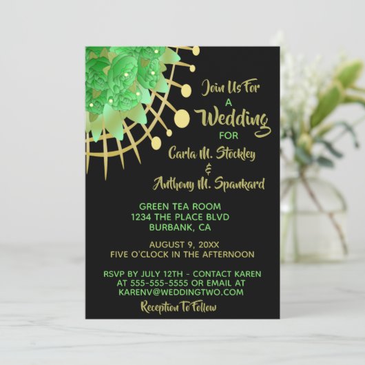 Boho Eucalyptus Greenery Black & Gold Wedding Kaart (Staand voorkant)
