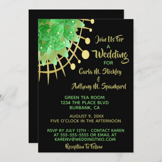 Boho Eucalyptus Greenery Black & Gold Wedding Kaart (Voorkant / Achterkant)