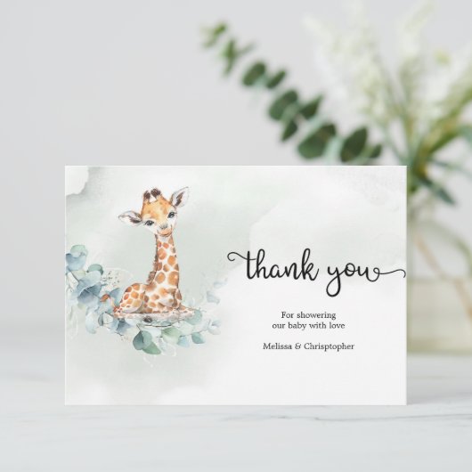 Boho eucalyptus greenery met grote baby giraffe informatiekaartje (Staand voorkant)