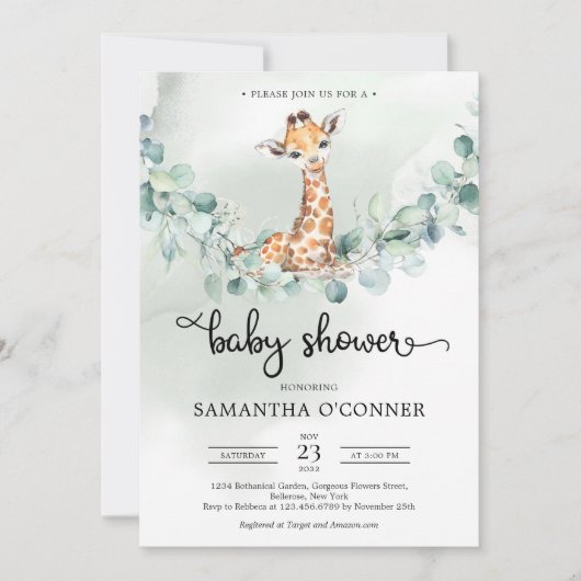 Boho eucalyptus greenery met grote baby giraffe kaart (Voorkant)