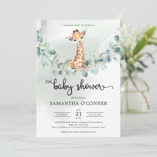 Boho eucalyptus greenery met grote baby giraffe kaart (Staand voorkant)