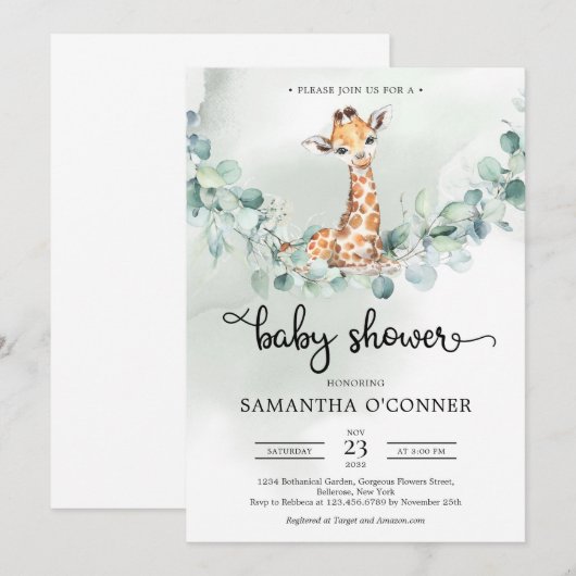 Boho eucalyptus greenery met grote baby giraffe kaart (Voorkant / Achterkant)