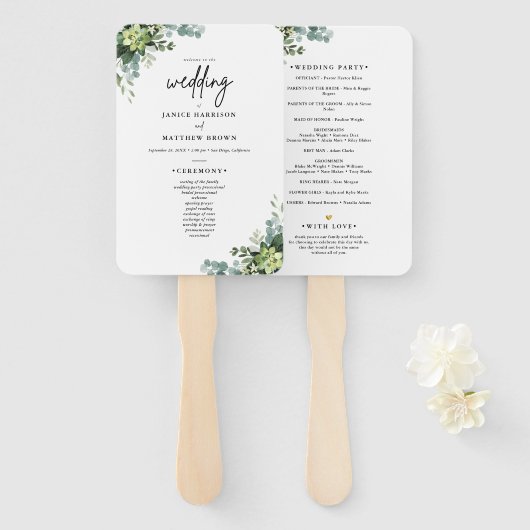 Boho Eucalyptus Greenery Wedding Ceremony Program  Handwaaier (Voorkant en achterkant)