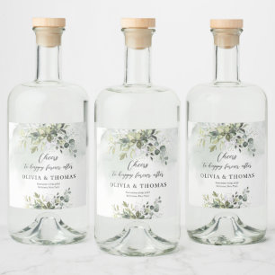 Boho eucalyptus groen gebladerte gouden schitterin likeurfles etiket