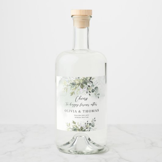 Boho eucalyptus groen gebladerte gouden schitterin likeurfles etiket (Voorkant)