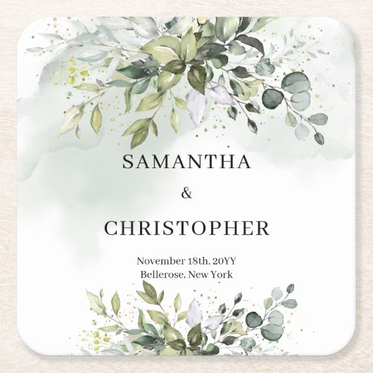 Boho eucalyptus groen gebladerte krans goud kartonnen onderzetters (Voorkant)