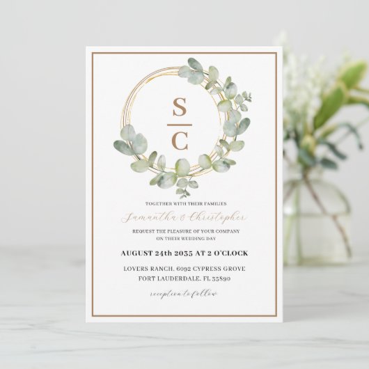 Boho eucalyptus groen & gouden krans bruiloft kaart (Staand voorkant)