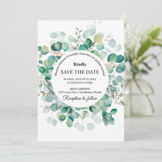 Boho Eucalyptus Groene Zomer Bruiloft Save The Date (Staand voorkant)
