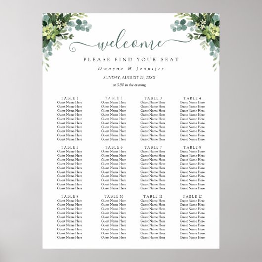 Boho Eucalyptus Groene Zomer Bruiloft Zitplaatsen Poster (Voorkant)