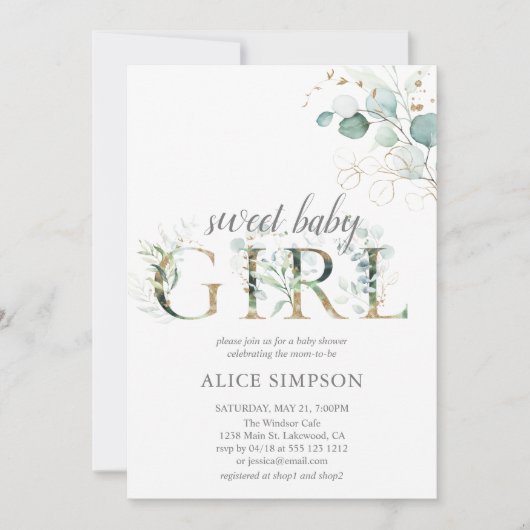 Boho Eucalyptus Leaves Baby Girl Shower Kaart (Voorkant)