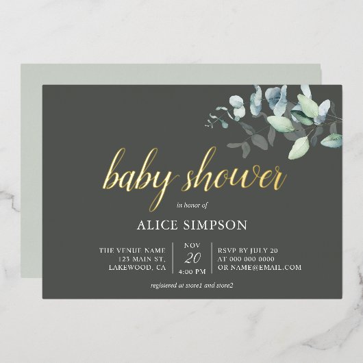 Boho Eucalyptus Leaves Baby shower Folie Invitatio Uitnodiging (Voorkant / Achterkant)