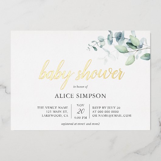 Boho Eucalyptus Leaves Baby shower Folie Uitnodiging (Voorkant)