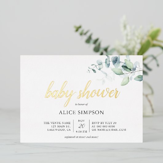 Boho Eucalyptus Leaves Baby shower Folie Uitnodiging (Staand Voorkant)