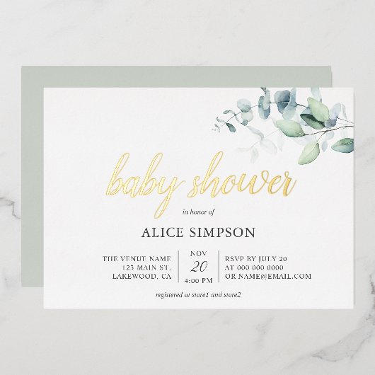 Boho Eucalyptus Leaves Baby shower Folie Uitnodiging (Voorkant / Achterkant)