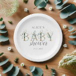 Boho Eucalyptus Leaves Baby shower Papieren Bordje<br><div class="desc">Verhoog uw baby shower met onze aangepaste papieren borden, doordacht ontworpen voor de speciale dag! De naam van de aanstaande mama is elegant geschreven in serif. Hieronder valt "Baby" op in een gedurfde reeks, prachtig versierd met delicate eucalyptusbladeren. Het woord "Shower" stroomt eronder in een hedendaags scriptlettertype, en voegt een...</div>