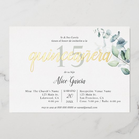 Boho Eucalyptus Leaves Quinceanera Folie Invitatio Folie Uitnodiging (Voorkant)