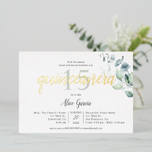 Boho Eucalyptus Leaves Quinceanera Folie Invitatio Folie Uitnodiging (Staand Voorkant)