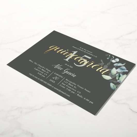 Boho Eucalyptus Leaves Quinceanera Folie Uitnodiging (Gedraaid)