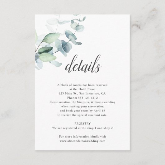 Boho Eucalyptus Leaves Wedding Details Informatiekaartje (Voorkant)