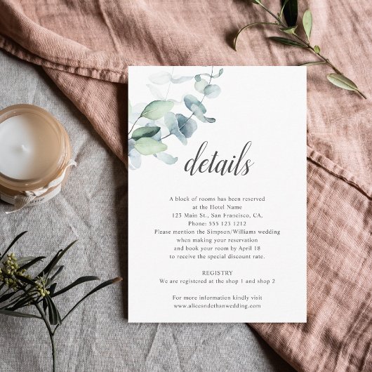 Boho Eucalyptus Leaves Wedding Details Informatiekaartje