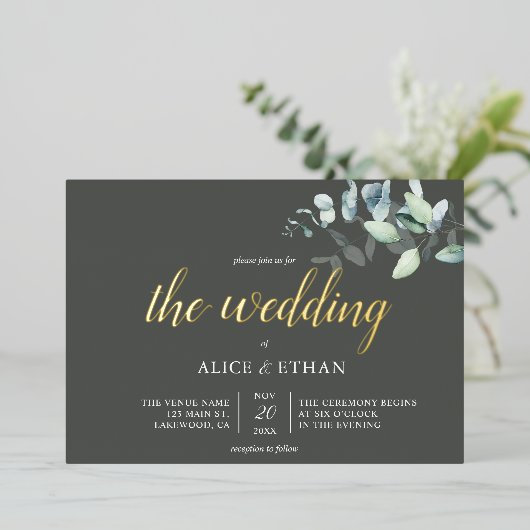 Boho Eucalyptus Leaves Wedding Folie Uitnodiging (Staand Voorkant)