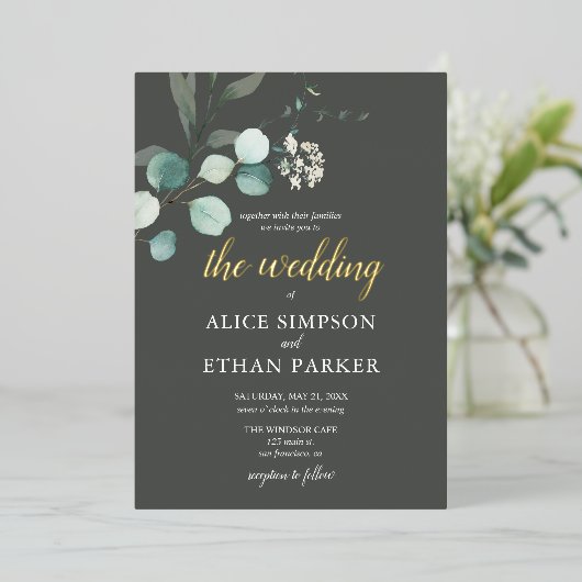 Boho Eucalyptus Leaves Wedding Folie Uitnodiging (Staand Voorkant)