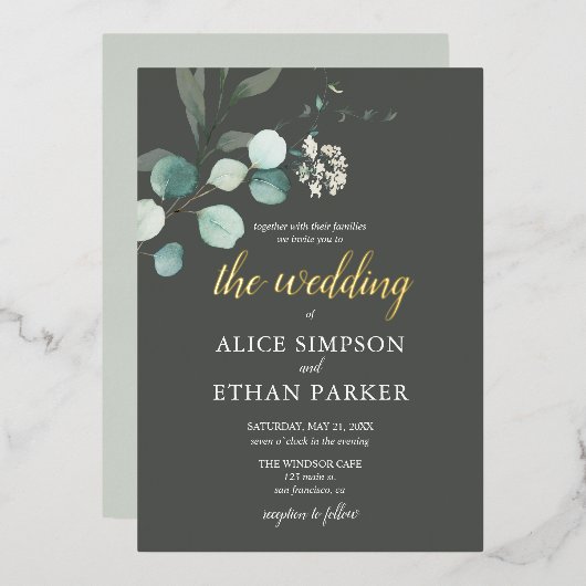 Boho Eucalyptus Leaves Wedding Folie Uitnodiging (Voorkant / Achterkant)