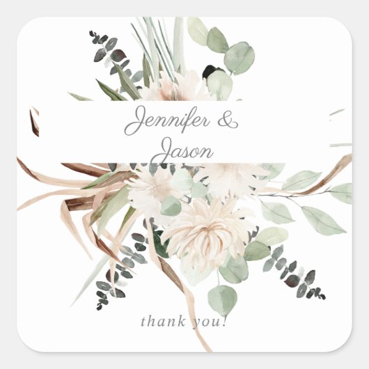 Boho Eucalyptus Palm & Beige Bloemen Dank u Vierkante Sticker (Voorkant)