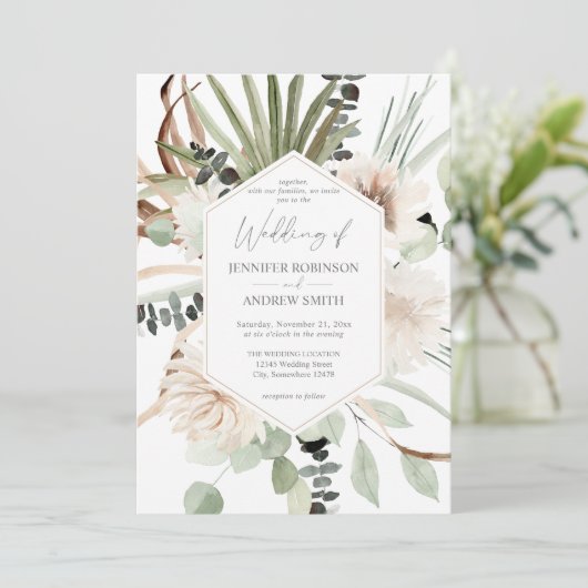 Boho Eucalyptus Palm Leaf & Beige Floral Wedding Kaart (Staand voorkant)
