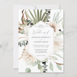 Boho Eucalyptus Palm Leaf & Beige Floral Wedding Kaart