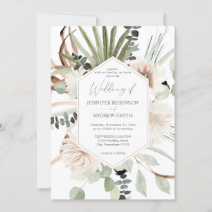 Boho Eucalyptus Palm Leaf & Beige Floral Wedding Kaart