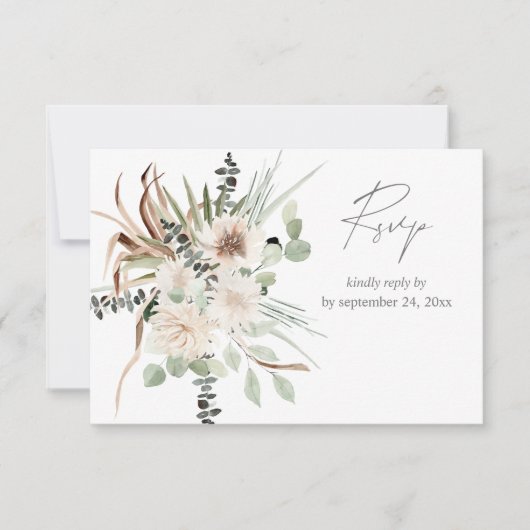 Boho Eucalyptus Palmblad & Beige Bloemen met Maalt RSVP Kaartje (Voorkant)