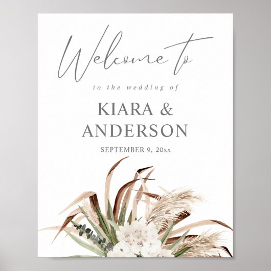Boho Eucalyptus Pampas Beige Floral Welcome Sign Poster (Voorkant)