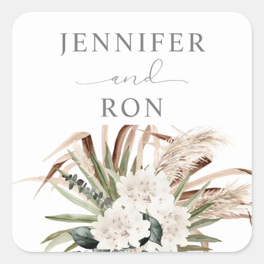 Boho Eucalyptus Pampas Grass & Beige Bloemen Vierkante Sticker (Voorkant)