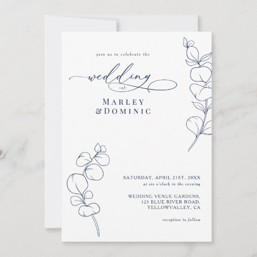 Boho Eucalyptus Springs Navy Blue & White Wedding Kaart (Voorkant)