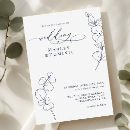 Boho Eucalyptus Springs Navy Blue & White Wedding Kaart